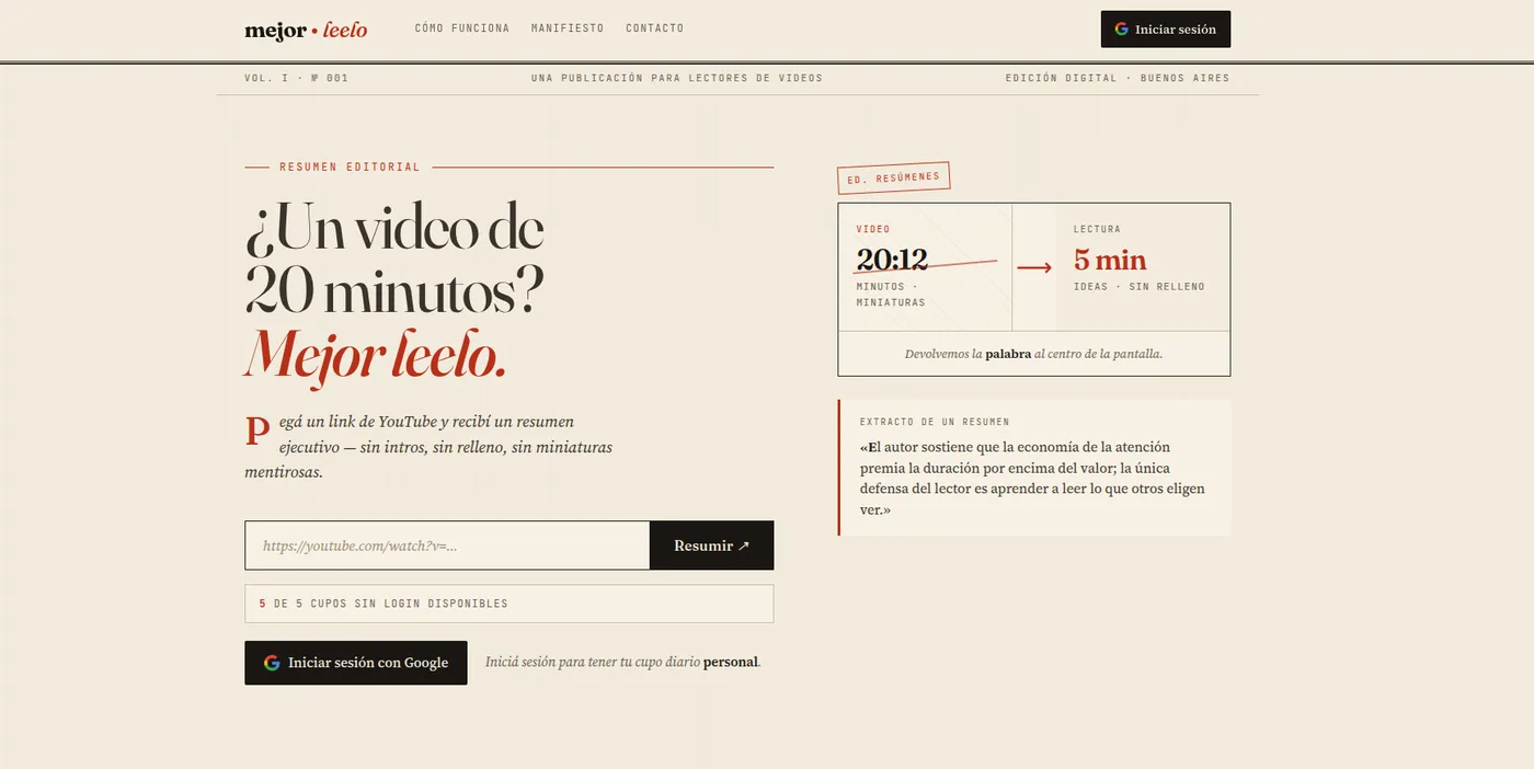 Home de MejorLeelo con el campo para pegar un link de YouTube y obtener el resumen